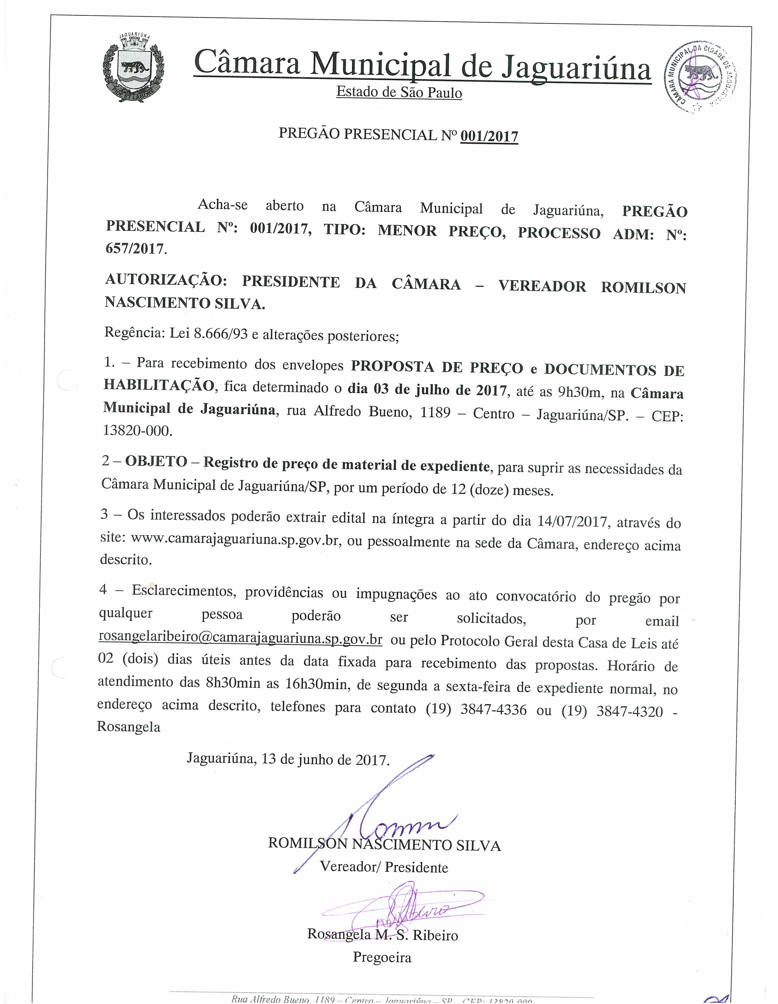 Abertura Pregão Presencial 001/2017