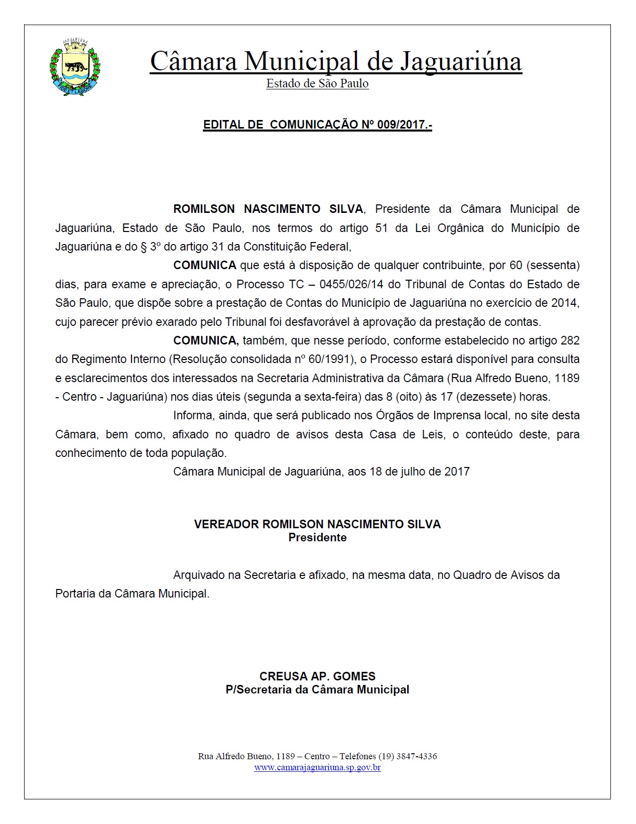 Edital de Comunicação n° 009/2017