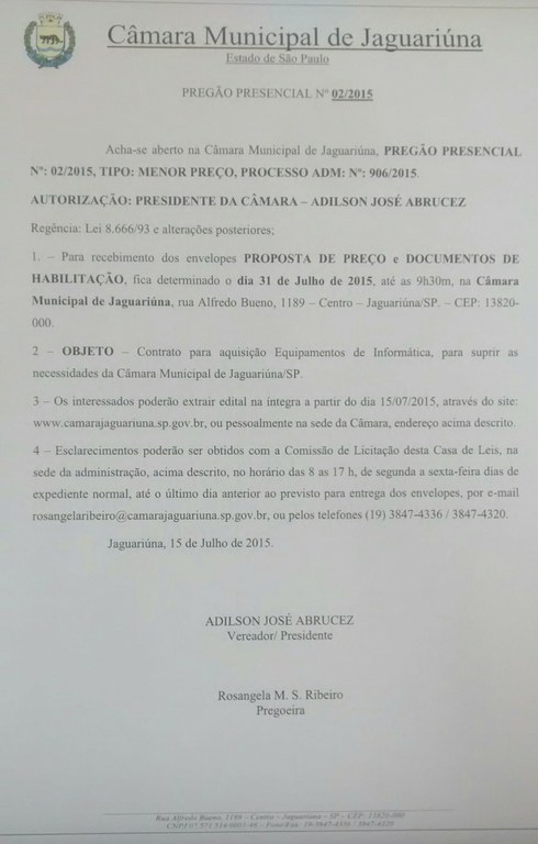 Licitação 02/2015 - Equipamentos de Informática