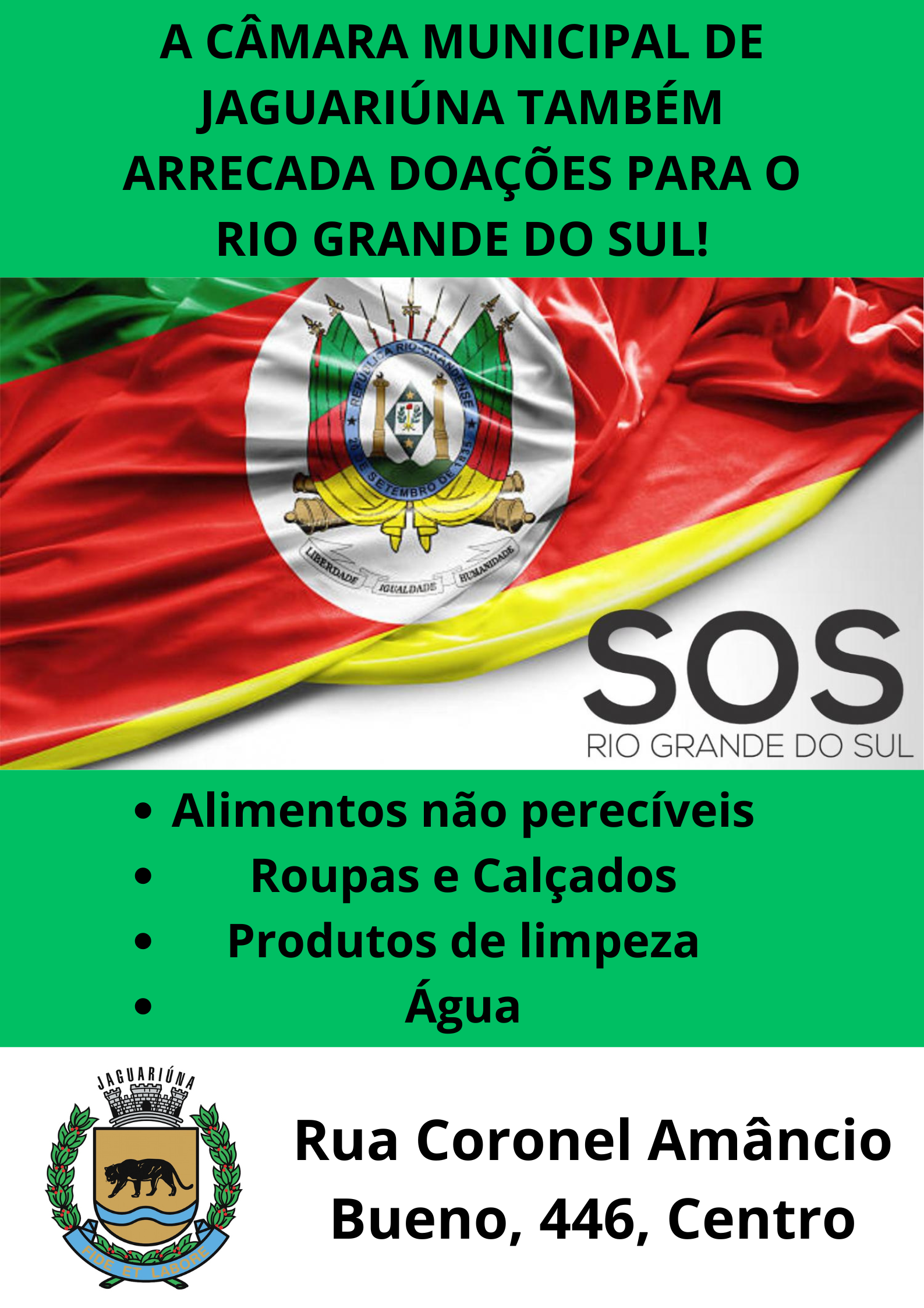 Câmara Municipal de Jaguariúna será posto de arrecadação de doações para o Rio Grande do Sul
