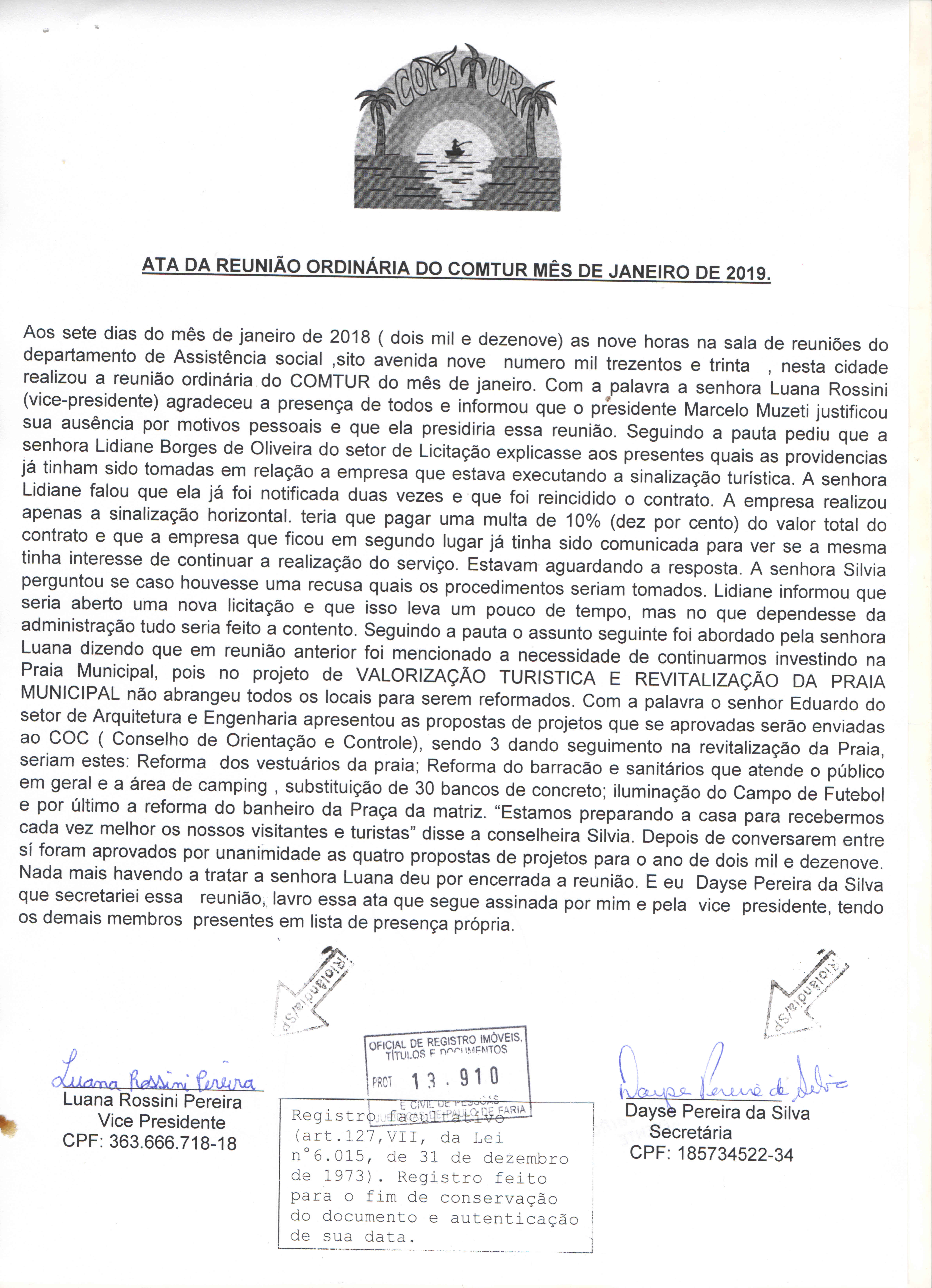 ATA DA REUNIÃO ORDINÁRIA DO COMTUR JANEIRO/2019