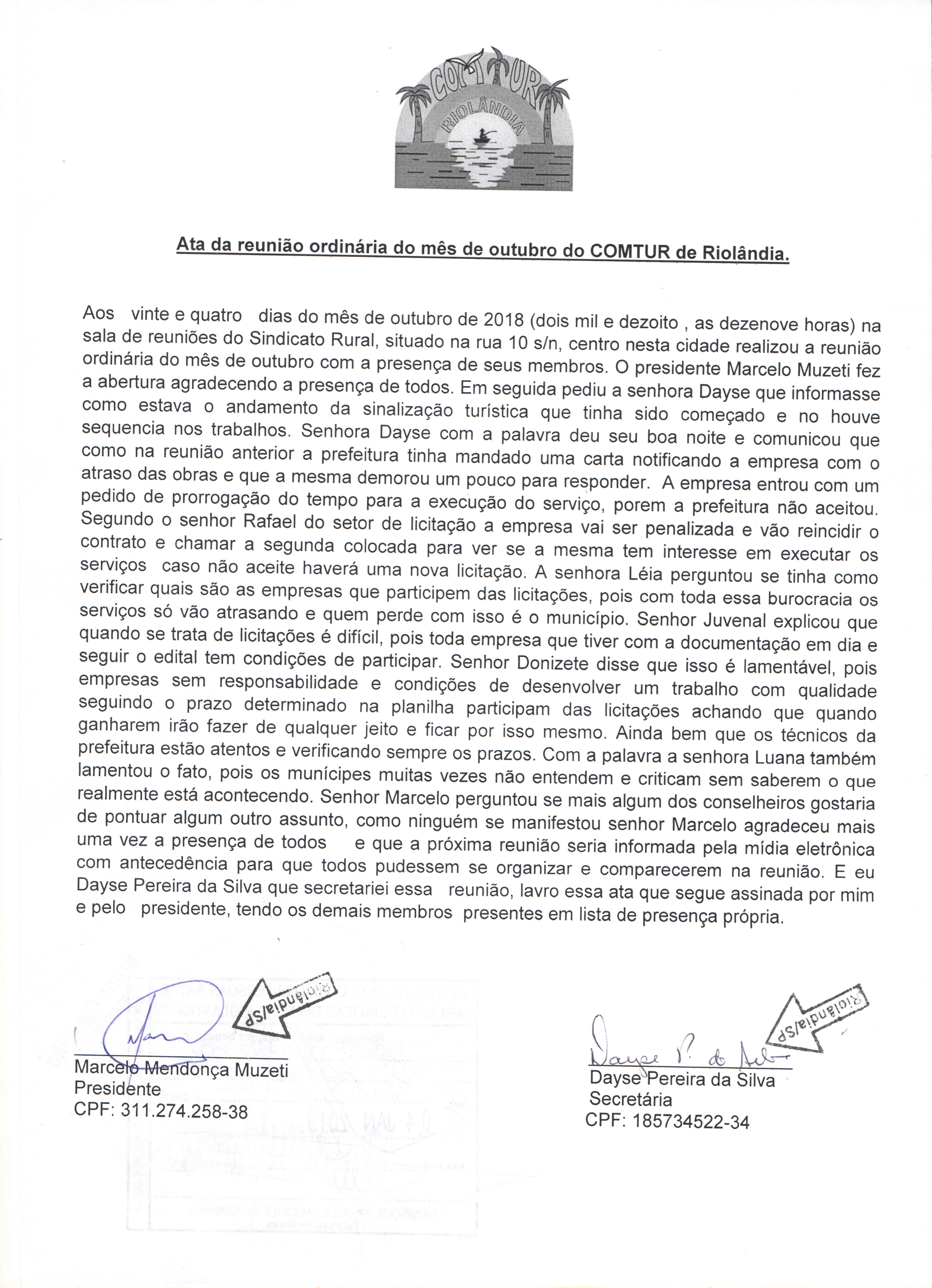 ATA DA REUNIÃO ORDINÁRIA DO COMTUR OUTUBRO/2018